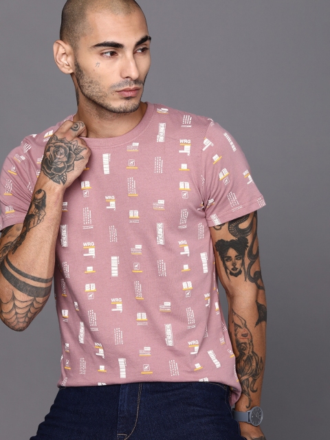 

WROGN Men Pink White Slim Fit Printed Round Neck Pure Cotton T-shirt