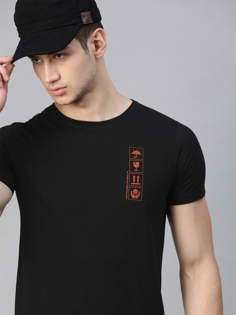 

WROGN Men Black & Orange Pure Cotton Slim Fit T-shirt With Printed Detail
