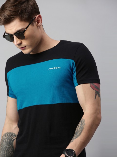 

WROGN Men Black Colourblocked Slim Fit Round Neck Pure Cotton T-shirt