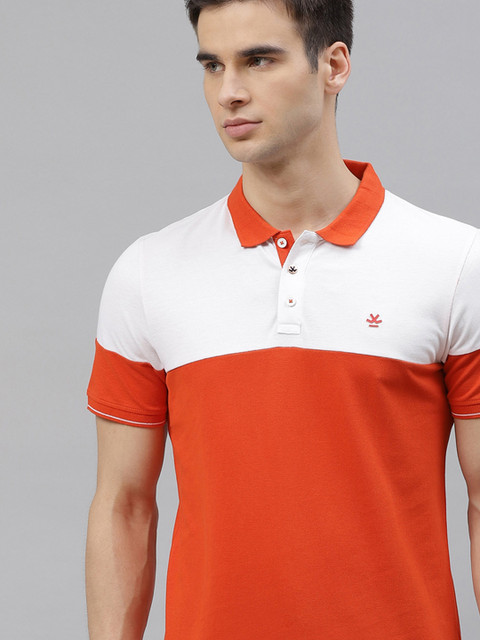 

WROGN Men Coral Red & White Pure Cotton Colourblocked Polo Collar T-shirt