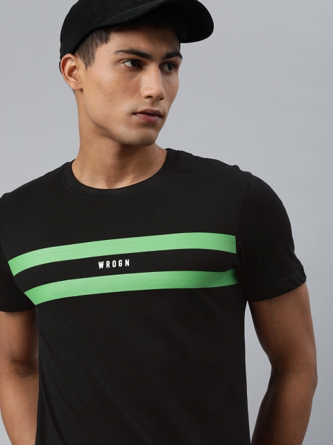 

WROGN Men Black Green Striped Round Neck Pure Cotton T-shirt