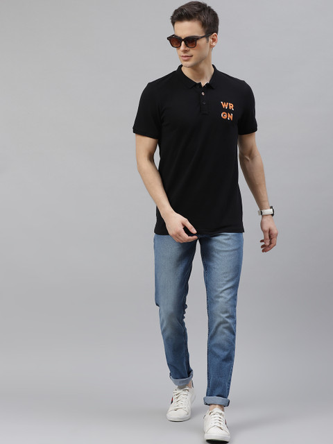 

WROGN Men Black Logo Print Detail Pure Cotton Polo Collar T-shirt