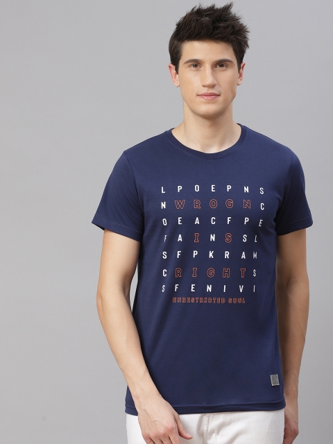 

WROGN Men Navy Blue & White Typography Printed Slim Fit T-shirt