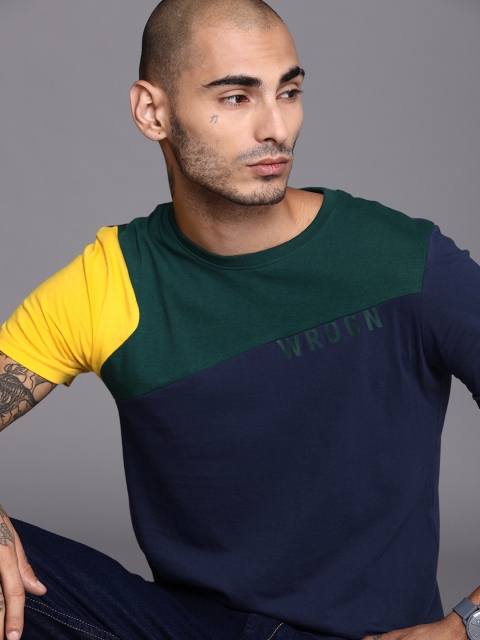 

WROGN Men Navy Blue Green Slim Fit Colourblocked Round Neck Pure Cotton T-shirt