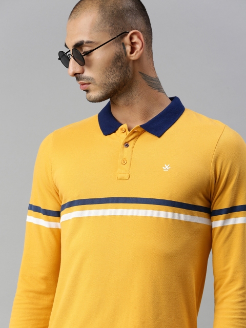 

WROGN Men Mustard Navy Blue Striped Slim Fit Polo Collar Pure Cotton T-shirt