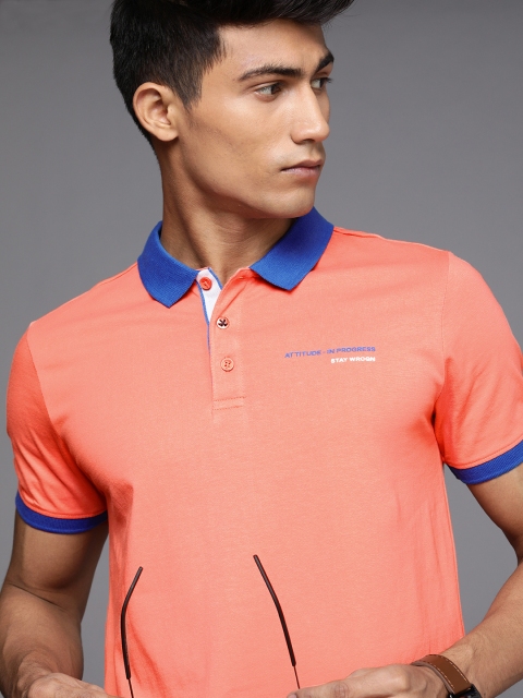 

WROGN Men Peach-Coloured Polo Collar Pure Cotton T-shirt