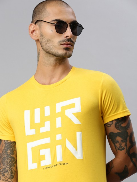 

WROGN Men Yellow Brand Logo Printed Slim Fit T-shirt