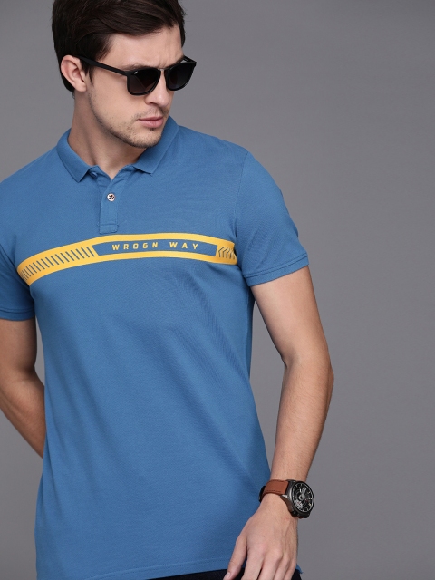 

WROGN Men Blue Yellow Striped Slim Fit Polo Collar Pure Cotton T-shirt