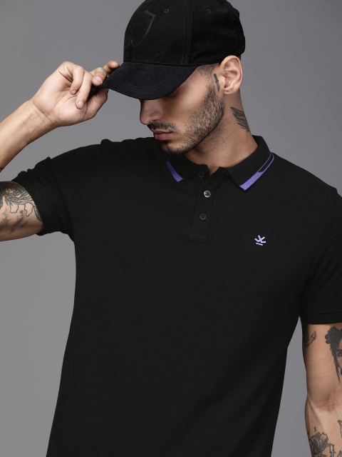 

WROGN Men Black Slim Fit Solid Polo Collar T-shirt