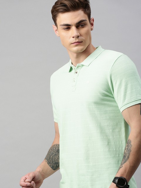 

WROGN Men Sea Green Self Design Polo Collar Pure Cotton T-shirt