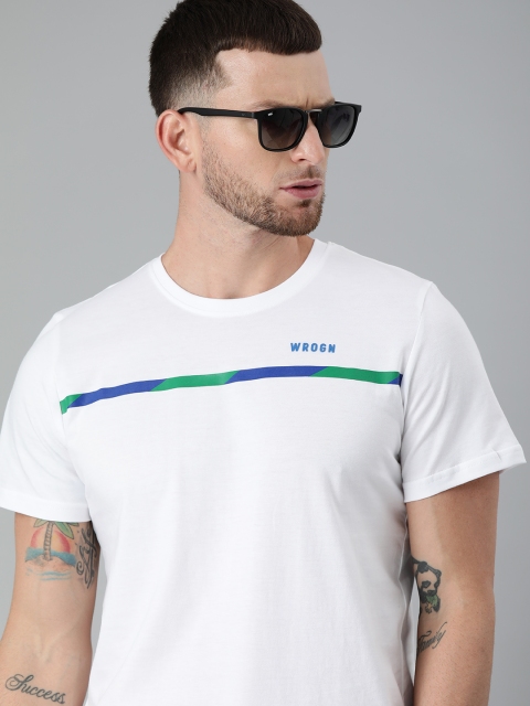 

WROGN Men White & Blue Slim Fit Striped Round Neck T-shirt