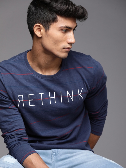 

WROGN Men Navy Blue Typography Printed Slim Fit Pure Cotton T-shirt
