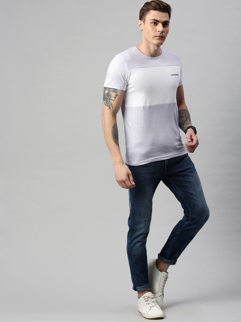 

WROGN Men Lavender White Slim Fit Colourblocked Round Neck Pure Cotton T-shirt