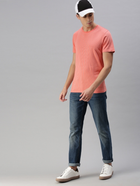 

WROGN Men Pink White Slim Fit Striped Round Neck Pure Cotton T-shirt