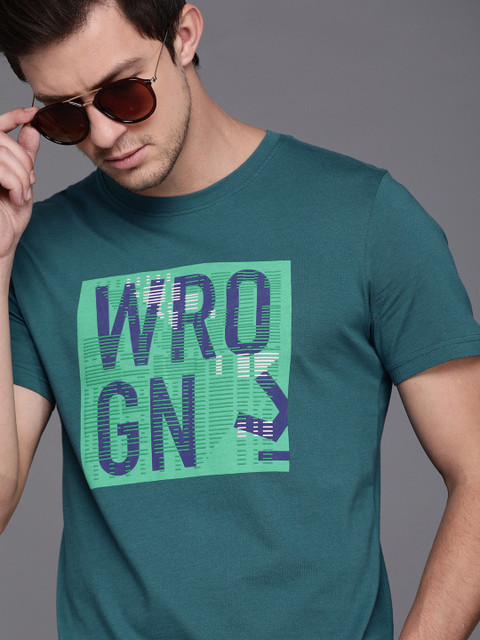 

WROGN Men Teal Blue Green Self Design Round Neck Pure Cotton T-shirt