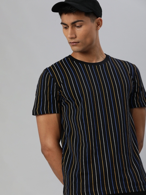 

WROGN Men Black Blue Pure Cotton Vertical Striped Slim Fit Round Neck Pure Cotton T-shirt