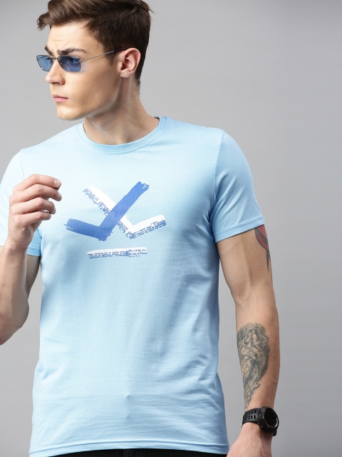 

WROGN Men Blue Printed Slim Fit Round Neck T-shirt