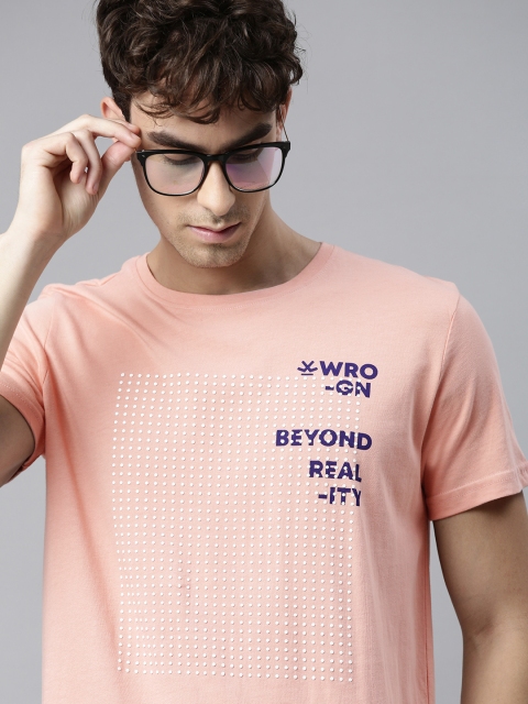 

WROGN Men Peach-Coloured Printed Round Neck Pure Cotton T-shirt