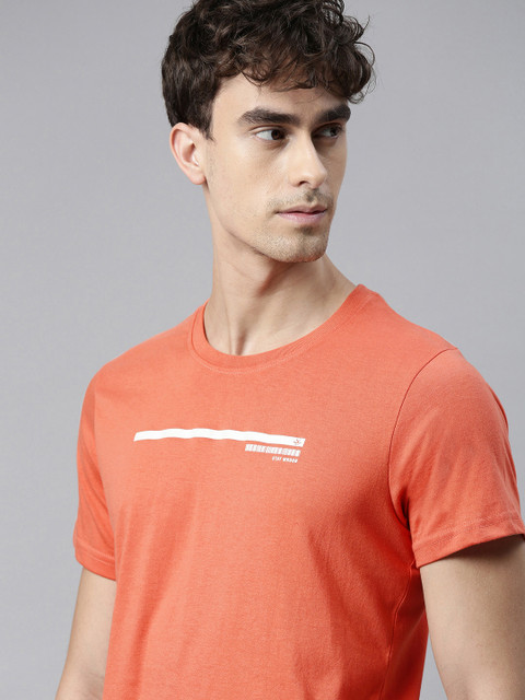 

WROGN Men Coral Pink Printed Slim Fit Round Neck T-shirt
