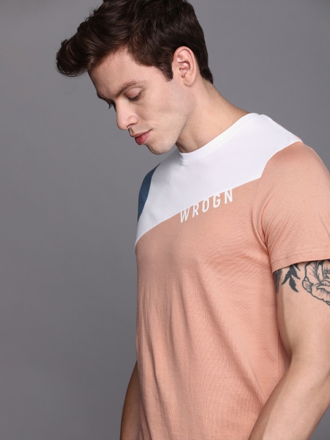 

WROGN Men Peach-Coloured Colourblocked Round Neck T-shirt