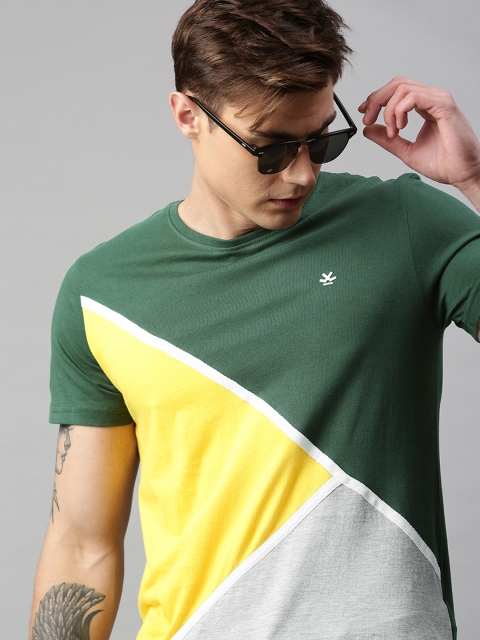 

WROGN Men Green Yellow Colourblocked Pure Cotton T-shirt