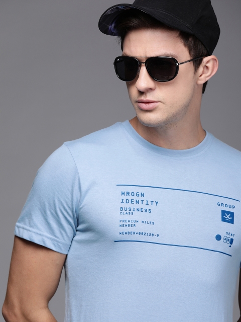 

WROGN Men Blue Printed Round Neck T-shirt