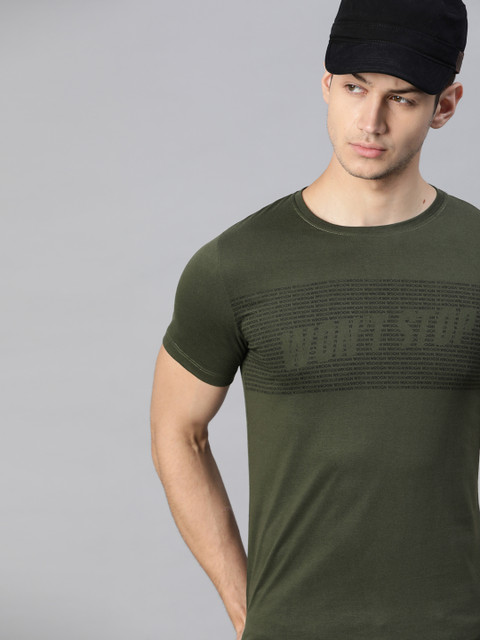

WROGN Men Olive Green Typography Printed Slim Fit T-shirt
