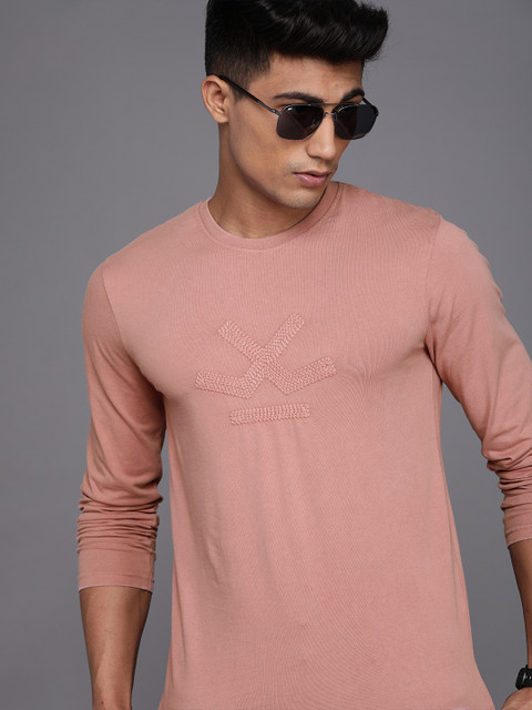 

WROGN Men Pink Printed Slim Fit Round Neck T-shirt