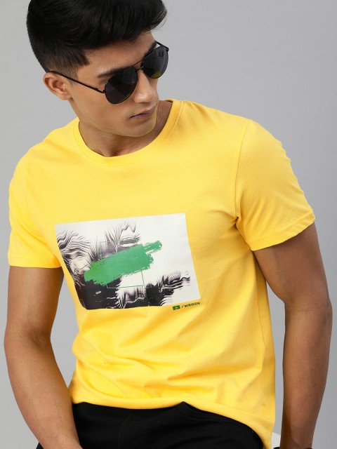 

WROGN Men Yellow & White Graphic Print Pure Cotton Slim Fit Round Neck T-shirt