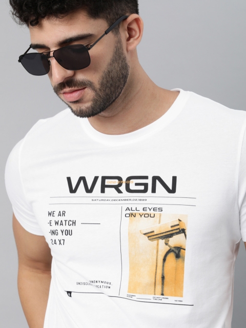

WROGN Men White & Black Brand Logo Printed Slim Fit Pure Cotton T-shirt