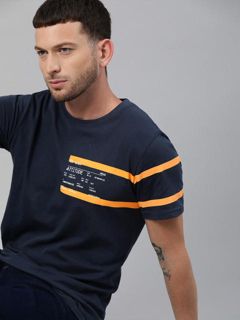 

WROGN Men Navy Blue & White Pure Cotton Typography Printed Slim Fit Round Neck T-shirt