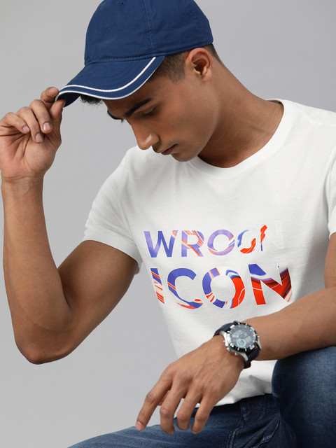 

WROGN Men White Slim Fit Brand Logo Printed Round Neck T-shirt