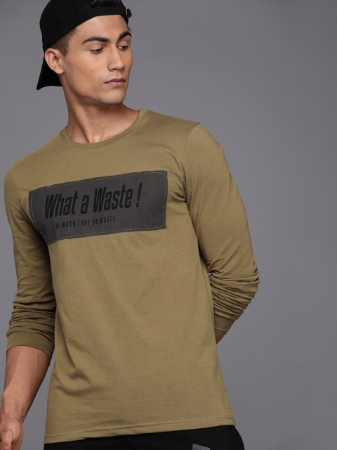 

WROGN Men Khaki Printed Slim Fit Round Neck Pure Cotton T-shirt