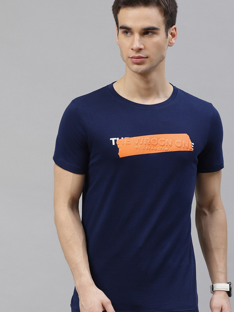 

WROGN Men Navy Blue & Orange Pure Cotton Embossed Printed Round Neck T-shirt