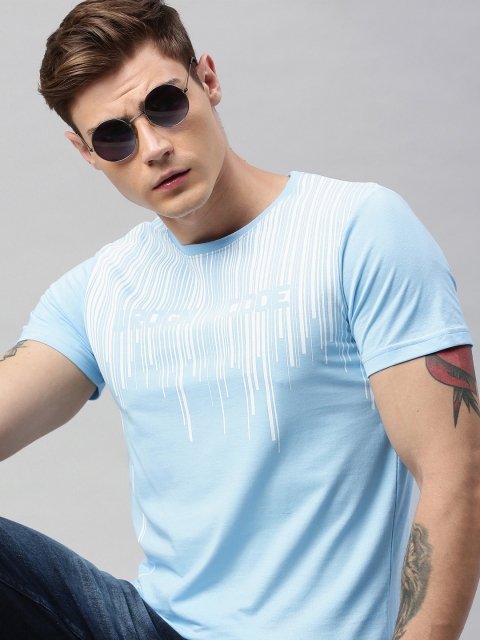 

WROGN Men Blue Slim Fit Printed Round Neck T-shirt