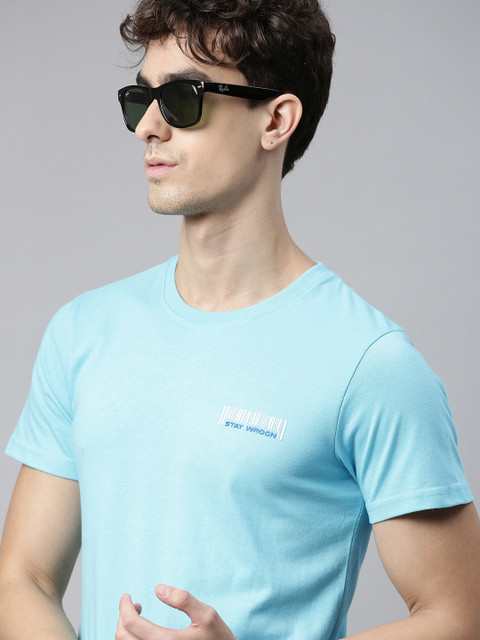 

WROGN Men Blue Solid Round Neck Pure Cotton T-shirt
