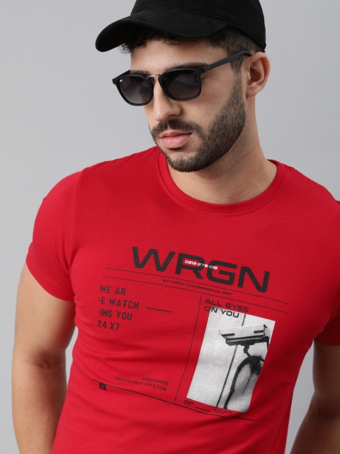 

WROGN Men Red & Black Brand Logo Printed Slim Fit Pure Cotton T-shirt