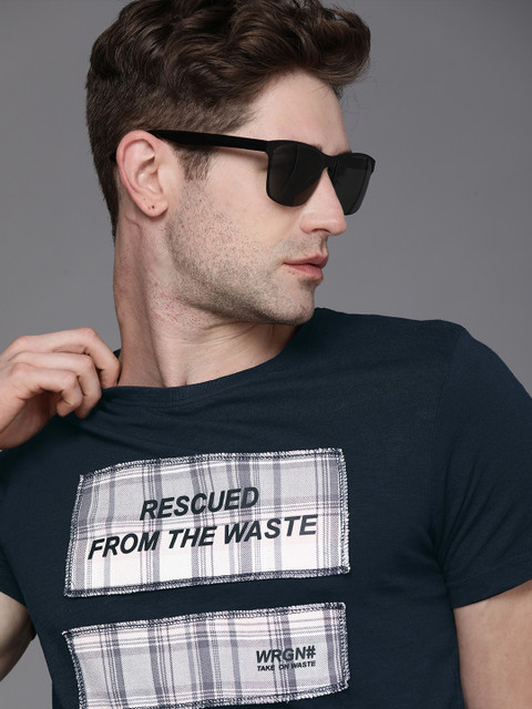 

WROGN Men Navy Blue White Printed Slim Fit Pure Cotton T-shirt