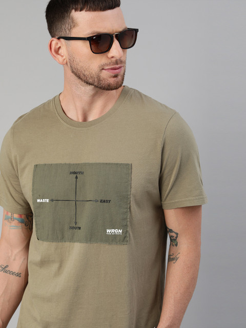 

WROGN Men Khaki Slim Fit Printed Round Neck T-shirt