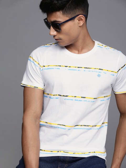 

WROGN Men White & Yellow Slim Fit Pure Cotton Striped Round Neck T-shirt