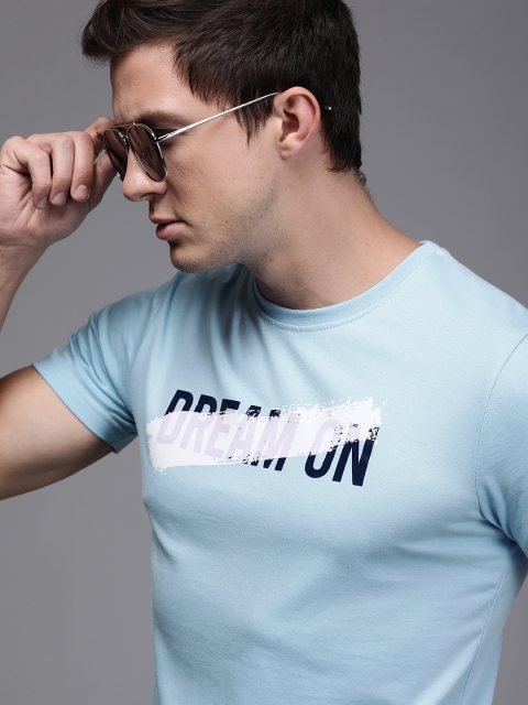 

WROGN Men Blue Printed Round Neck T-shirt