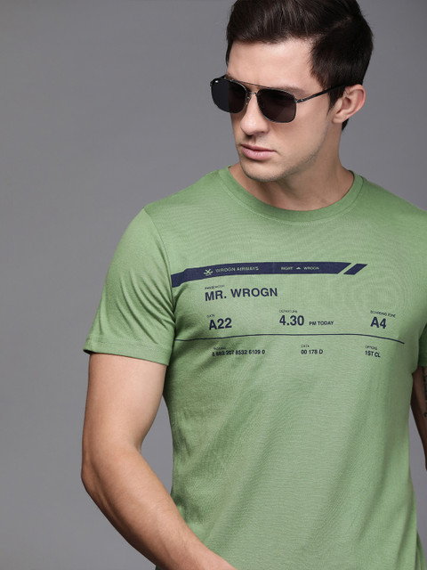 

WROGN Men Green Slim Fit Printed Round Neck T-shirt