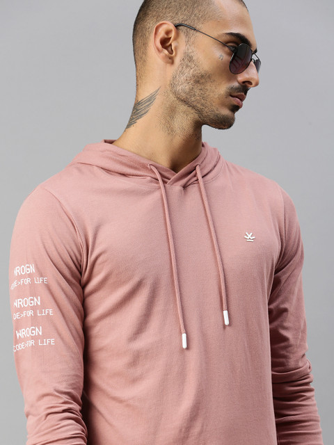 

WROGN Men Pink Slim Fit Hooded Pure Cotton T-shirt