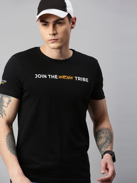 

WROGN Men Black Printed Round Neck Pure Cotton T-shirt