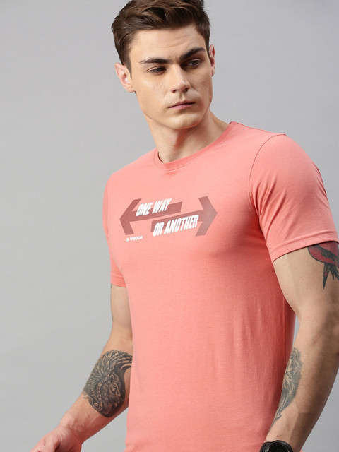 

WROGN Men Peach-Coloured Printed Round Neck T-shirt