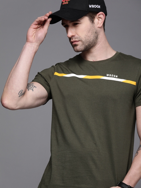 

WROGN Men Olive Green Striped Slim Fit T-shirt