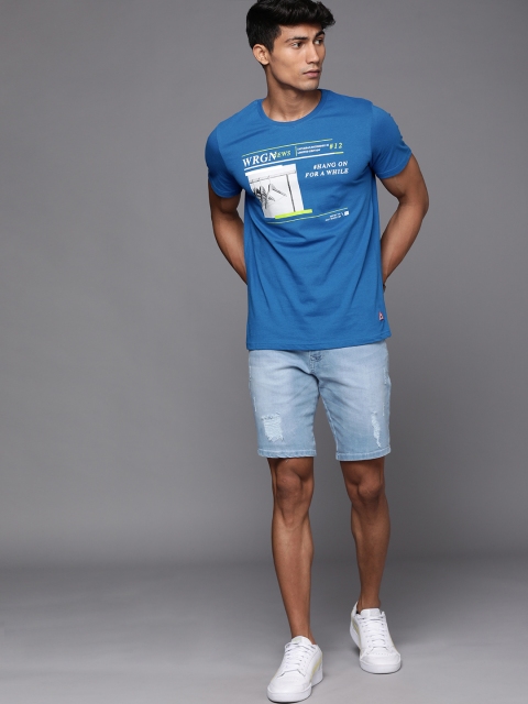 

WROGN Men Blue Typography Printed Slim Fit Pure Cotton T-shirt