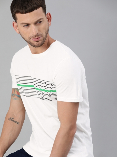 

WROGN Men White & Black Striped Pure Cotton Slim Fit Round Neck T-shirt