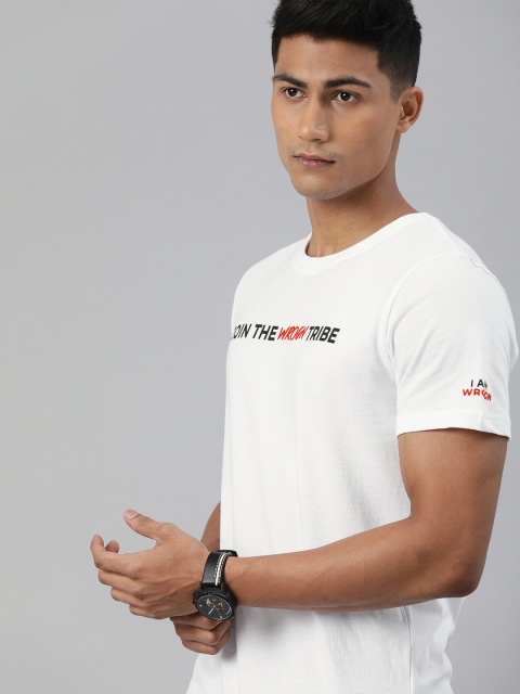 

WROGN Men White Printed Round Neck Pure Cotton T-shirt