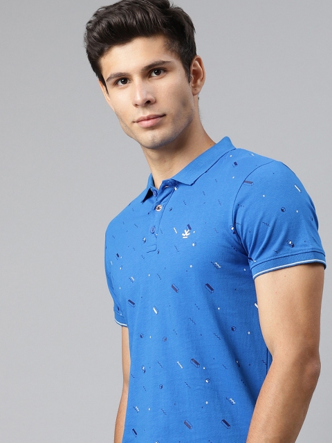 

WROGN Men Blue Pure Cotton Printed Polo Collar Pure Cotton T-shirt